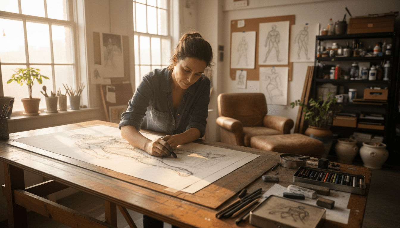 Artist working on charcoal sketch at professional studio workspace