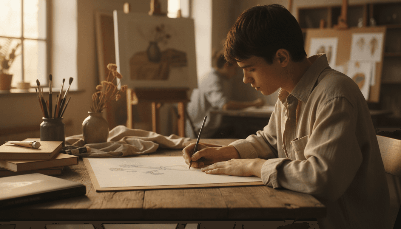 Art student sketching with pencil at wooden studio table with natural light