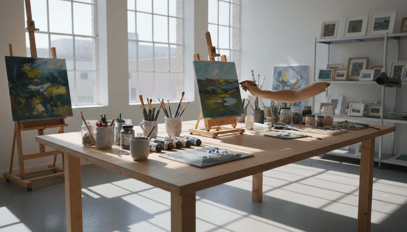 Art studio workspace with sketching and painting materials