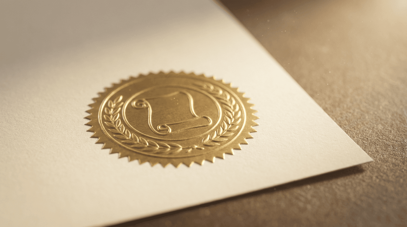 Embossed certification seal on cream document with volumetric lighting and dust particles in shallow focus.