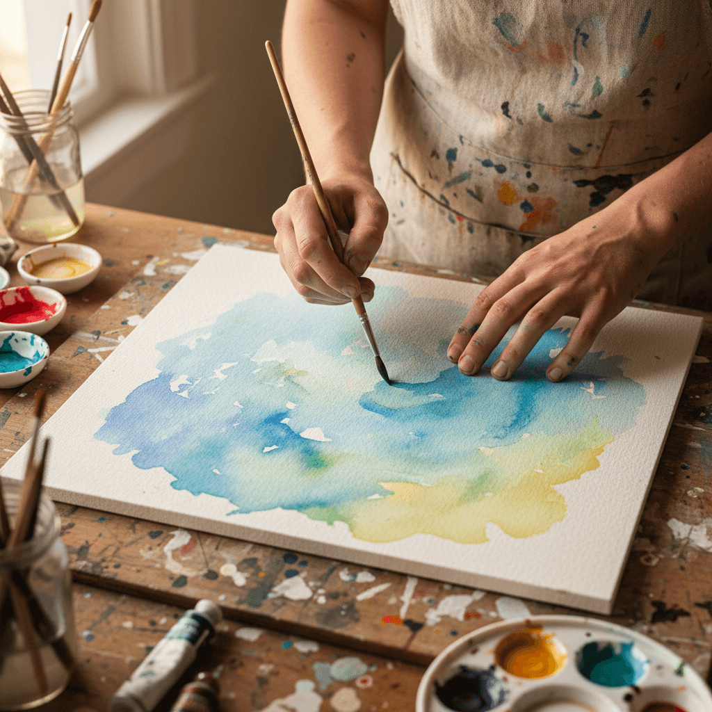 Artist's hands applying watercolor paint to canvas with brush in natural studio light